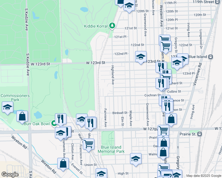 map of restaurants, bars, coffee shops, grocery stores, and more near 12434 Highland Avenue in Blue Island