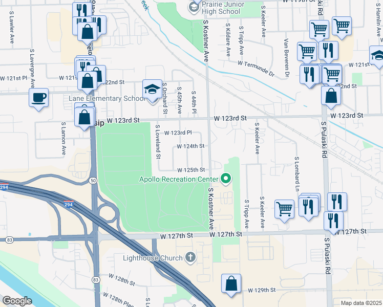 map of restaurants, bars, coffee shops, grocery stores, and more near 12409 S 45th Ave in Alsip