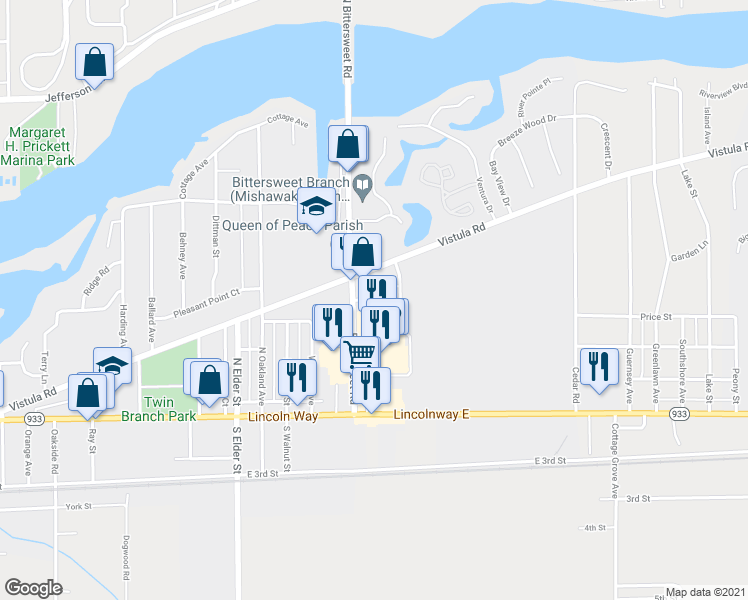 map of restaurants, bars, coffee shops, grocery stores, and more near 429 Honeysuckle Lane in Mishawaka