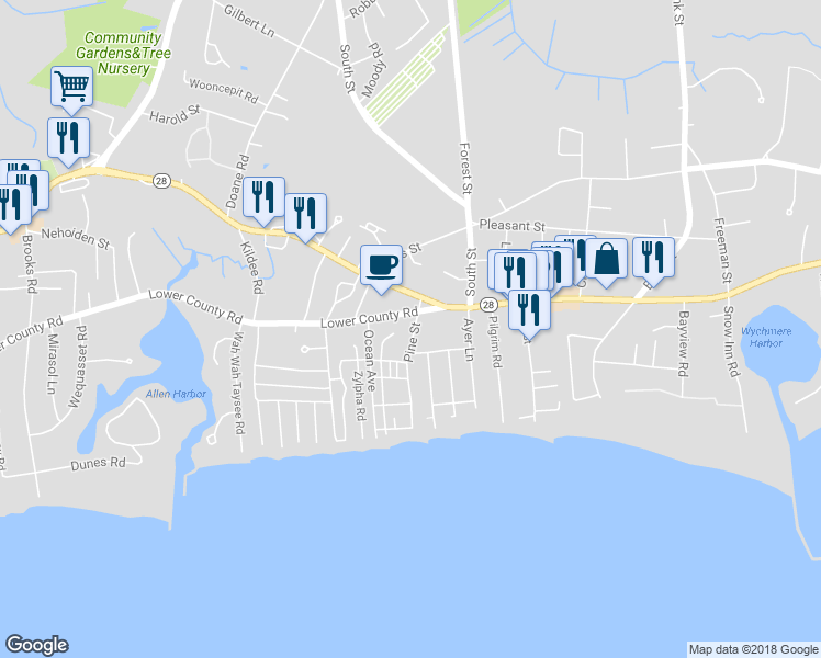 map of restaurants, bars, coffee shops, grocery stores, and more near 42 Pine Street in Harwich