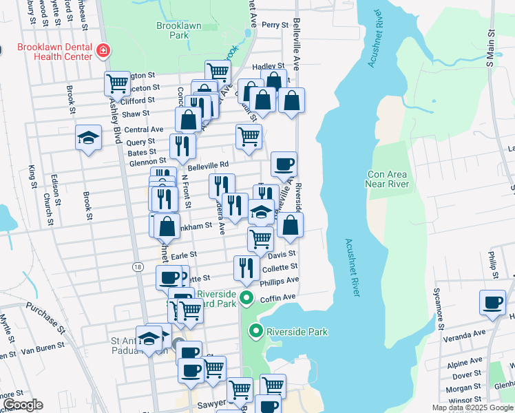 map of restaurants, bars, coffee shops, grocery stores, and more near 55 Hope Street in New Bedford