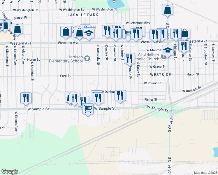 map of restaurants, bars, coffee shops, grocery stores, and more near 742 Dundee Street in South Bend