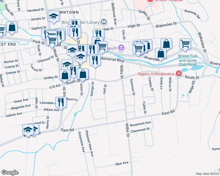 map of restaurants, bars, coffee shops, grocery stores, and more near 11 Hull Street in Bristol
