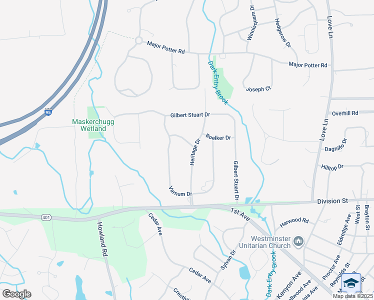 map of restaurants, bars, coffee shops, grocery stores, and more near 77 Heritage Drive in East Greenwich