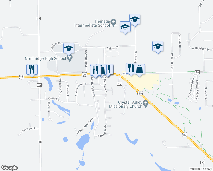 map of restaurants, bars, coffee shops, grocery stores, and more near 508 South Heritage Drive in Middlebury
