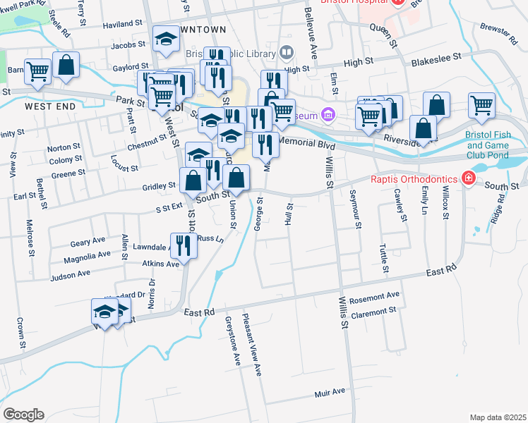 map of restaurants, bars, coffee shops, grocery stores, and more near 31 George Street in Bristol