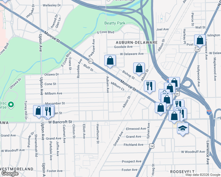 map of restaurants, bars, coffee shops, grocery stores, and more near 2312 Auburn Avenue in Toledo