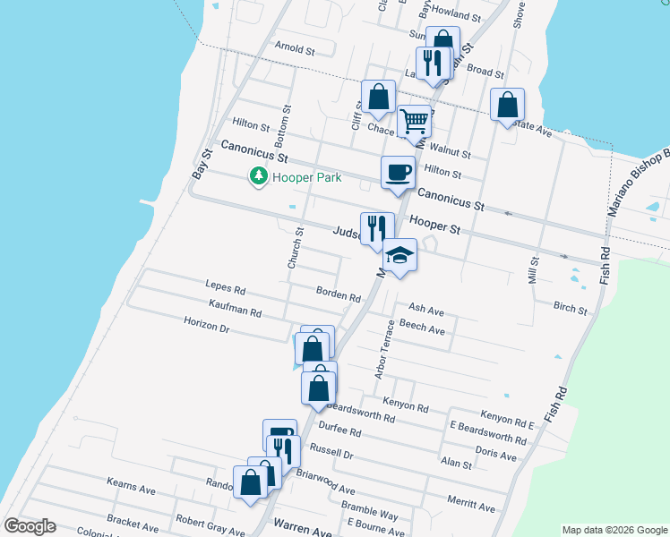 map of restaurants, bars, coffee shops, grocery stores, and more near 30 Robert Street in Tiverton