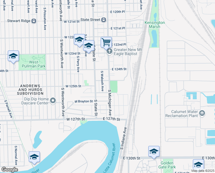 map of restaurants, bars, coffee shops, grocery stores, and more near 12465 South Wabash Avenue in Chicago
