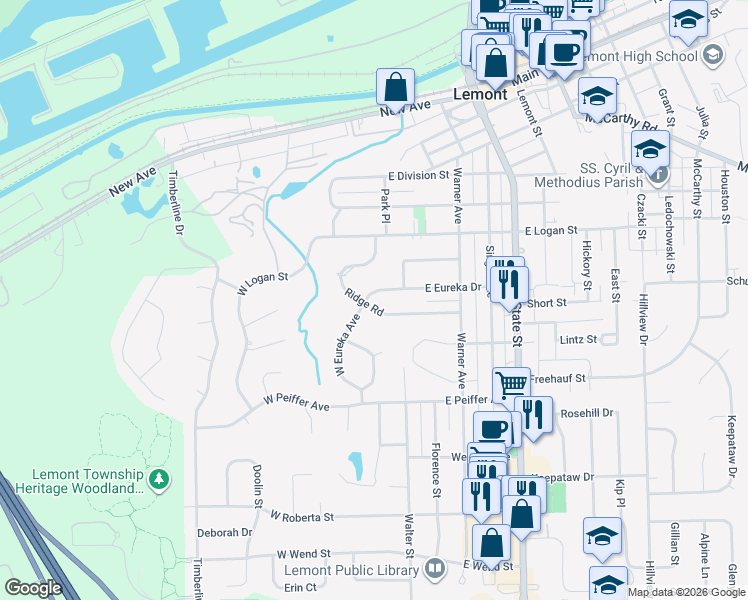 map of restaurants, bars, coffee shops, grocery stores, and more near 10 West Eureka Avenue in Lemont