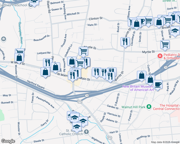 map of restaurants, bars, coffee shops, grocery stores, and more near 38 Westerly Street in New Britain