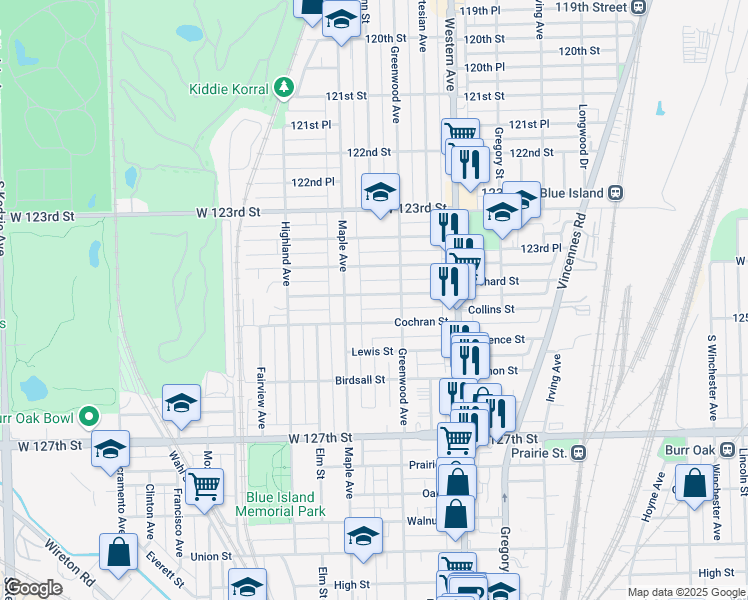 map of restaurants, bars, coffee shops, grocery stores, and more near 2529 Collins Street in Blue Island