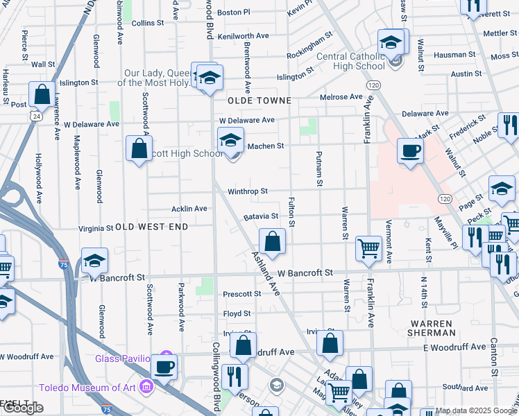 map of restaurants, bars, coffee shops, grocery stores, and more near in Toledo