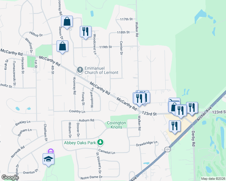 map of restaurants, bars, coffee shops, grocery stores, and more near 12145 Hillcrest Drive in Lemont