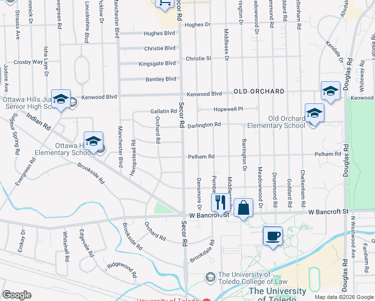 map of restaurants, bars, coffee shops, grocery stores, and more near 2412 Secor Rd in Toledo