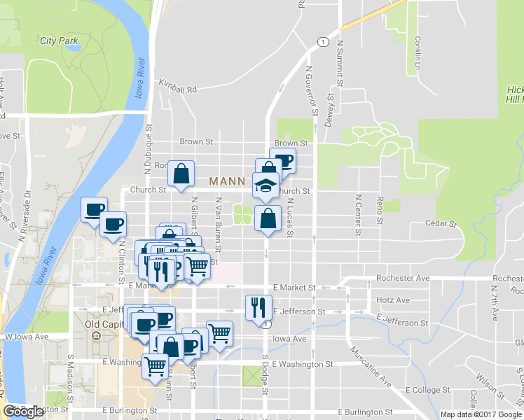 map of restaurants, bars, coffee shops, grocery stores, and more near 630 Fairchild Street in Iowa City