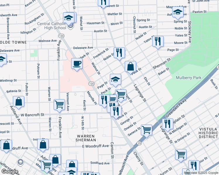 map of restaurants, bars, coffee shops, grocery stores, and more near 1902 Walnut Street in Toledo