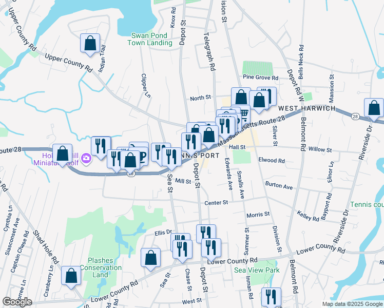 map of restaurants, bars, coffee shops, grocery stores, and more near 576 Massachusetts 28 in Dennis