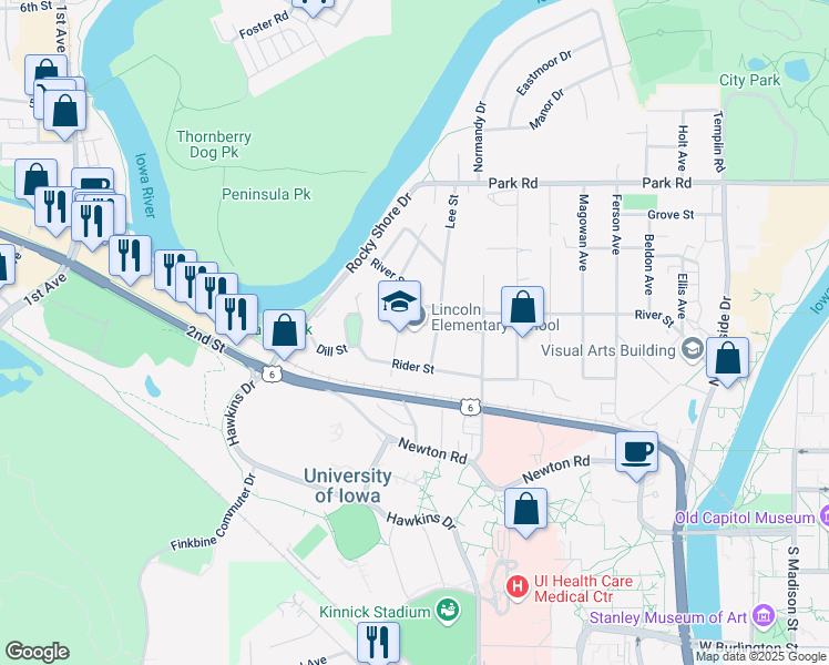 map of restaurants, bars, coffee shops, grocery stores, and more near 300 Teeters Court in Iowa City