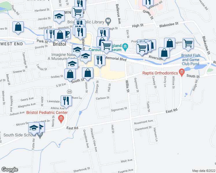map of restaurants, bars, coffee shops, grocery stores, and more near 22 Hull Street in Bristol
