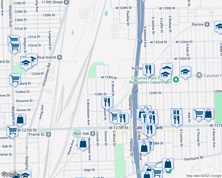 map of restaurants, bars, coffee shops, grocery stores, and more near 12436 South Wood Street in Calumet Park