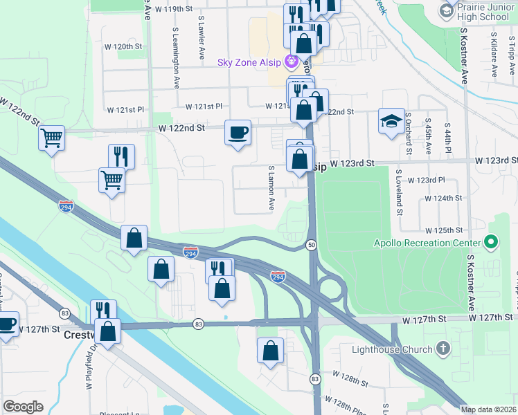 map of restaurants, bars, coffee shops, grocery stores, and more near 4916 West 124th Street in Alsip
