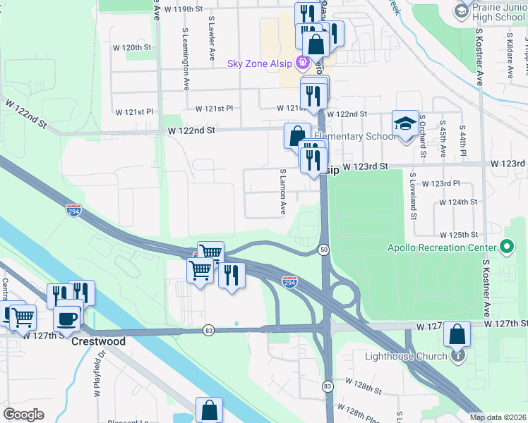 map of restaurants, bars, coffee shops, grocery stores, and more near 4916 West 124th Street in Alsip