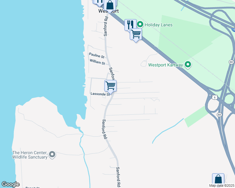 map of restaurants, bars, coffee shops, grocery stores, and more near 9 Milk Avenue in Westport