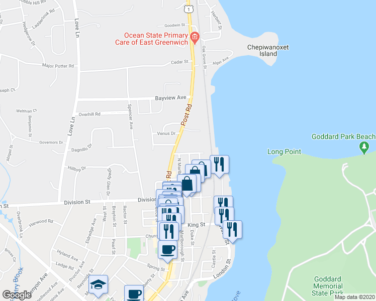 map of restaurants, bars, coffee shops, grocery stores, and more near 49 Williams Street in East Greenwich