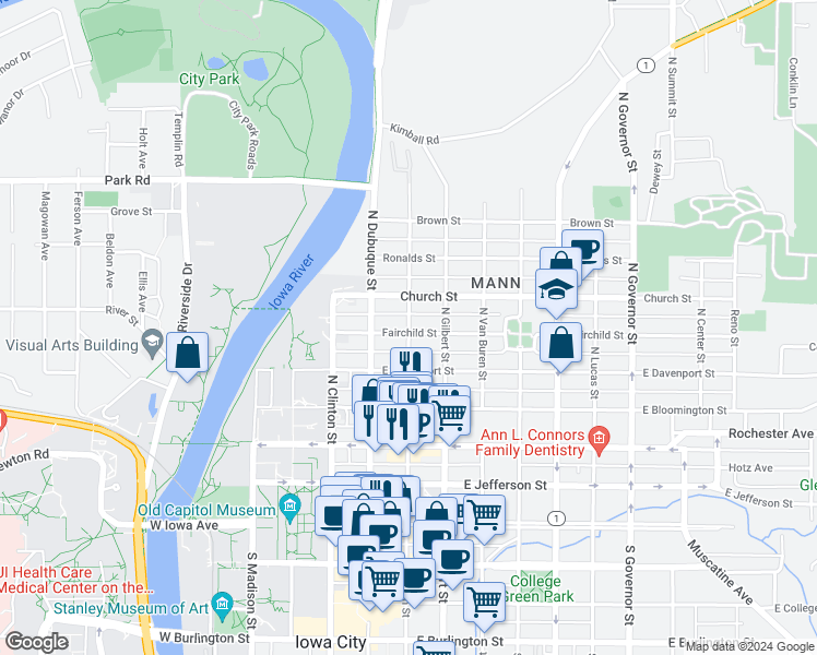 map of restaurants, bars, coffee shops, grocery stores, and more near North Linn Street in Iowa City