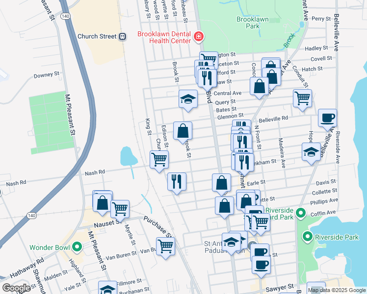 map of restaurants, bars, coffee shops, grocery stores, and more near 251 Brook Street in New Bedford