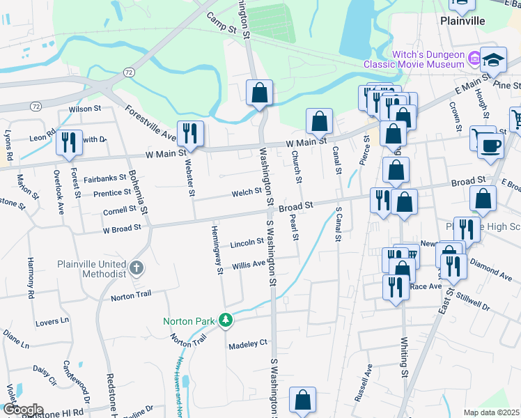 map of restaurants, bars, coffee shops, grocery stores, and more near 149 Broad Street in Plainville