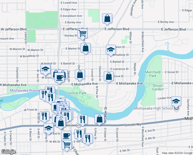 map of restaurants, bars, coffee shops, grocery stores, and more near 513 East Grove Street in Mishawaka