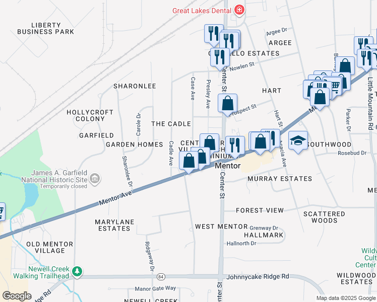 map of restaurants, bars, coffee shops, grocery stores, and more near 7480 Case Avenue in Mentor