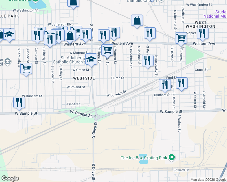 map of restaurants, bars, coffee shops, grocery stores, and more near 749 Warren Street in South Bend