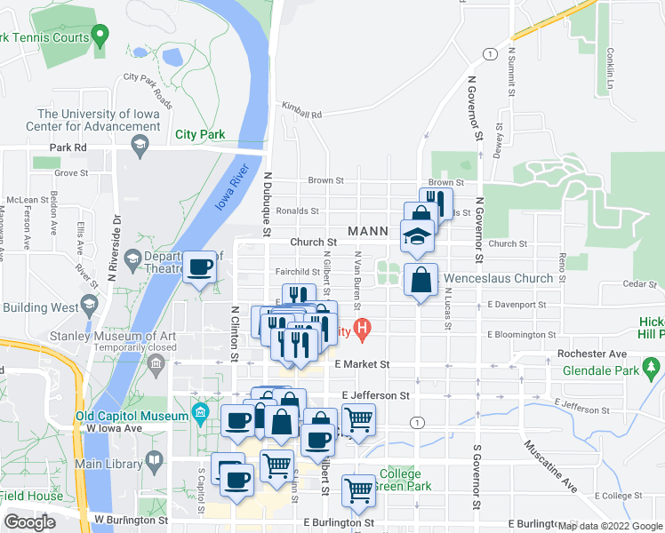 map of restaurants, bars, coffee shops, grocery stores, and more near 402 Fairchild Street in Iowa City