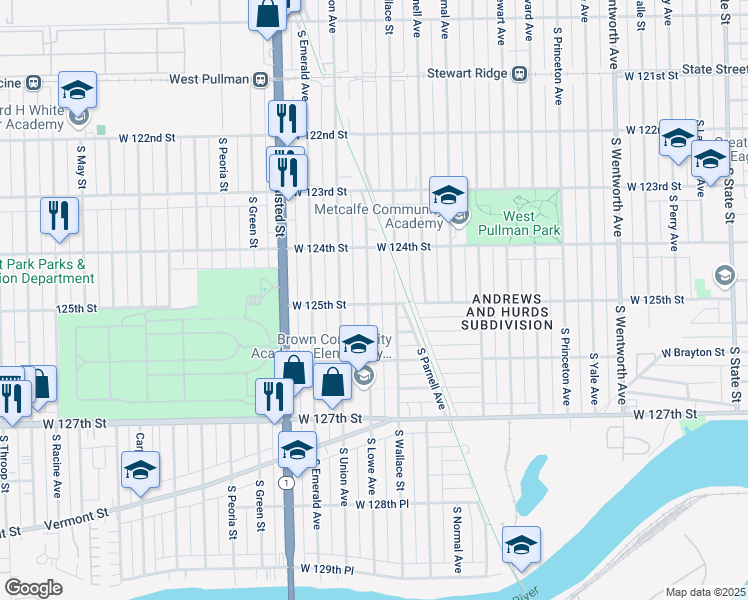 map of restaurants, bars, coffee shops, grocery stores, and more near 12459 South Lowe Avenue in Chicago