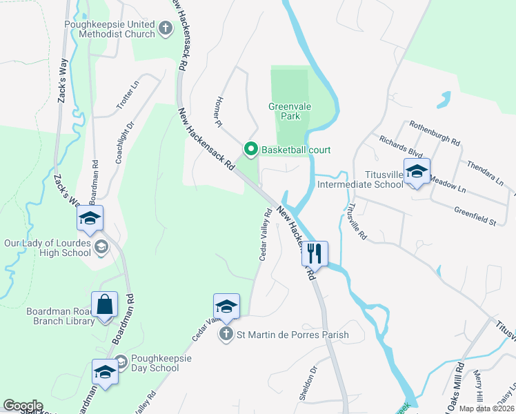 map of restaurants, bars, coffee shops, grocery stores, and more near 9 Cedar Valley Road in Poughkeepsie