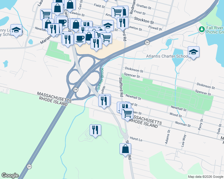 map of restaurants, bars, coffee shops, grocery stores, and more near 242 Welcome Street in Fall River