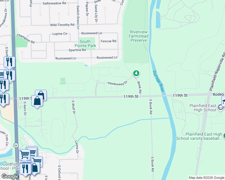 map of restaurants, bars, coffee shops, grocery stores, and more near 23606 West 119th Street in Plainfield