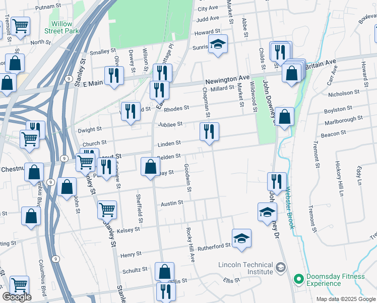 map of restaurants, bars, coffee shops, grocery stores, and more near 84 Belden Street in New Britain