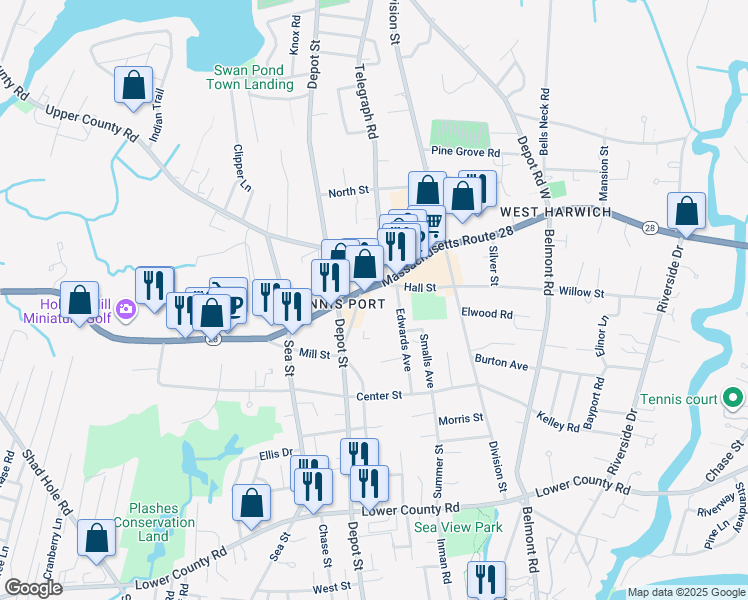 map of restaurants, bars, coffee shops, grocery stores, and more near 645 Main Street in Dennis