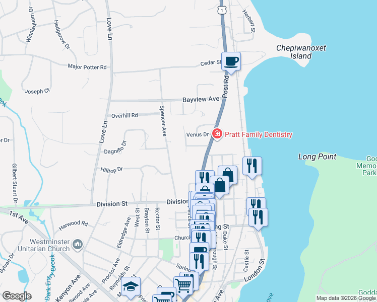 map of restaurants, bars, coffee shops, grocery stores, and more near 36 Corey Avenue in East Greenwich