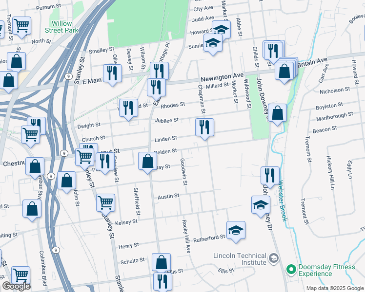 map of restaurants, bars, coffee shops, grocery stores, and more near in New Britain