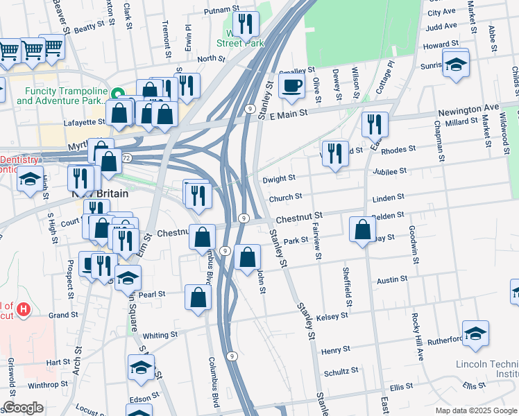 map of restaurants, bars, coffee shops, grocery stores, and more near 712 Stanley Street in New Britain