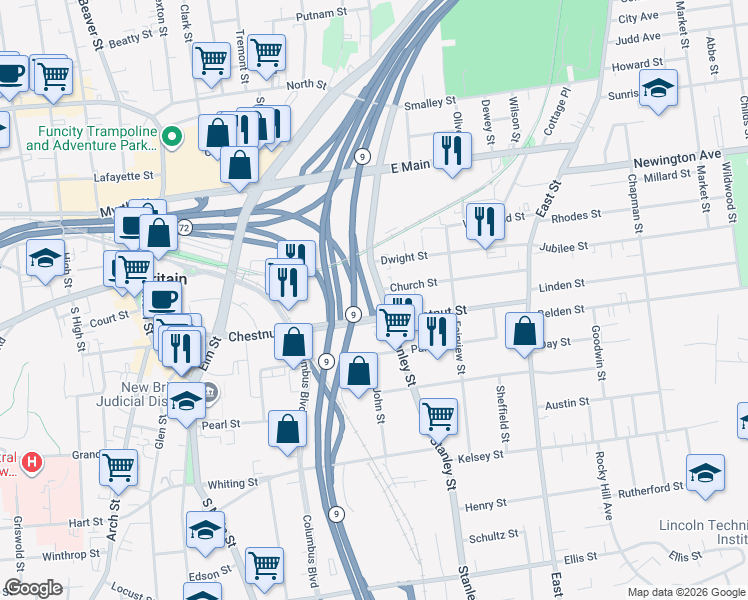 map of restaurants, bars, coffee shops, grocery stores, and more near 712 Stanley Street in New Britain