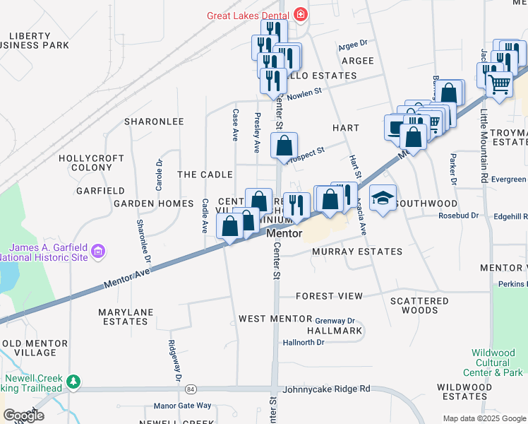 map of restaurants, bars, coffee shops, grocery stores, and more near 7062 Wayside Drive in Mentor