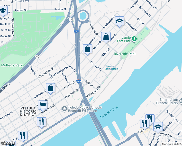 map of restaurants, bars, coffee shops, grocery stores, and more near 1846 North Erie Street in Toledo
