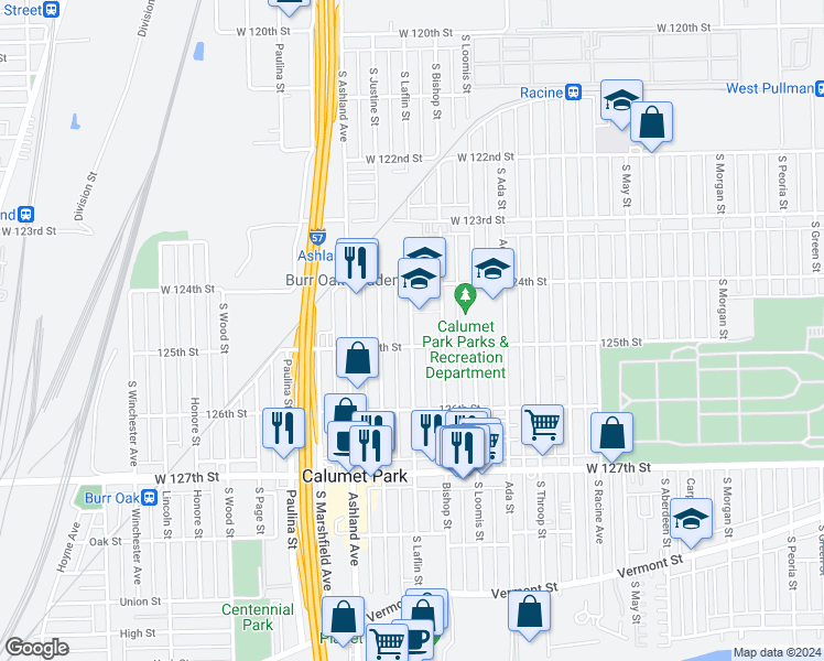 map of restaurants, bars, coffee shops, grocery stores, and more near 12452 South Laflin Street in Calumet Park