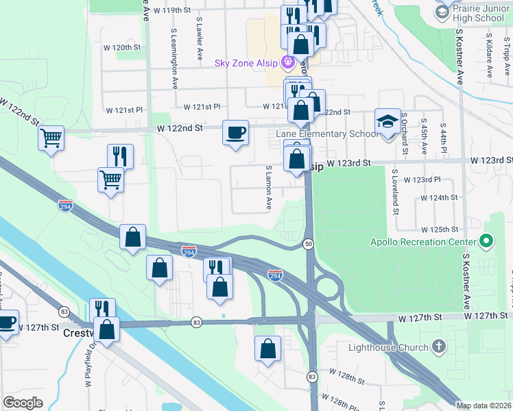 map of restaurants, bars, coffee shops, grocery stores, and more near 4916 West 124th Street in Alsip